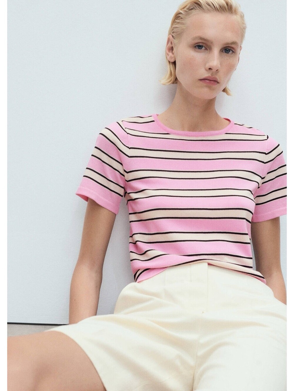 MANGO NWT SHORT-SLEEVE KNIT SWEATER WITH COMBINED STRIPES IN PINK-SIZE LARGE